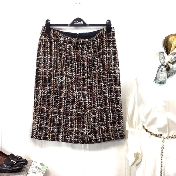 🍂TALBOTS Black Brown Cream Gold Tweed Lined Back Zip Knee Length - Picture 3 of 9